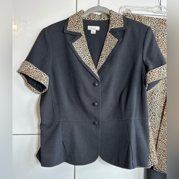 Kim Rogers 3 Piece Suit Black Jacket and Pant Leopard Print Skirt Size 16 - Picture 2 of 8